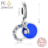 925 Sterling Silver Enamel Moon Star Dangle Bead Charms Bracelet