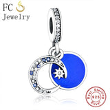 925 Sterling Silver Enamel Moon Star Dangle Bead Charms Bracelet