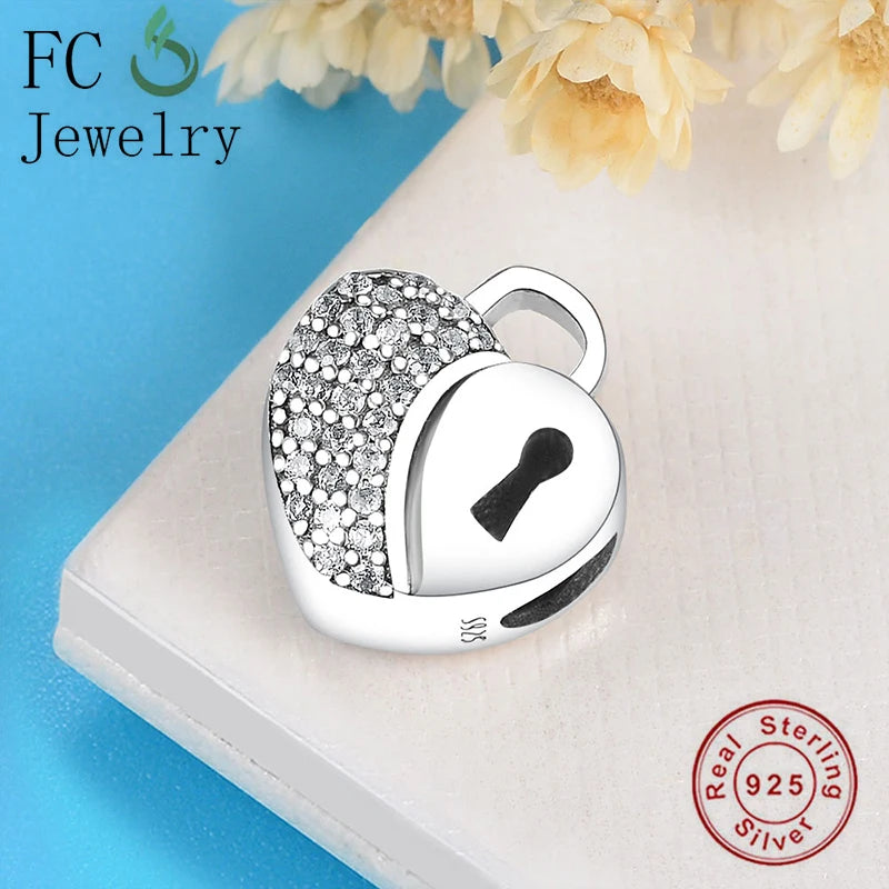 925 Silver Heart Lock Zircon Bracelet Charm