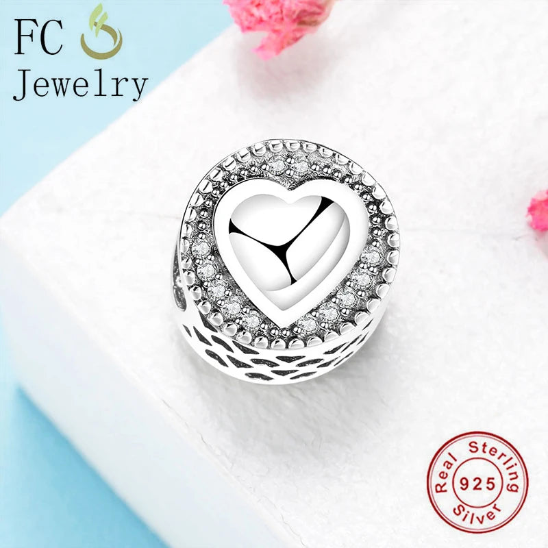 925 Silver Round Heart Zirconia Bead Bracelet Charm