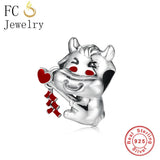 Year of the Ox Cow Red Enamel Heart Bead Real 925 Silver Bracelet Charms