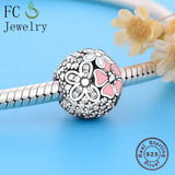925 Silver Butterfly & Pink Flower Charms Bracelet Bead