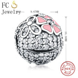 925 Silver Butterfly & Pink Flower Charms Bracelet Bead