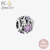 925 Silver Purple Enamel Daisy Flower Ladybug Bead Charm Bracelet