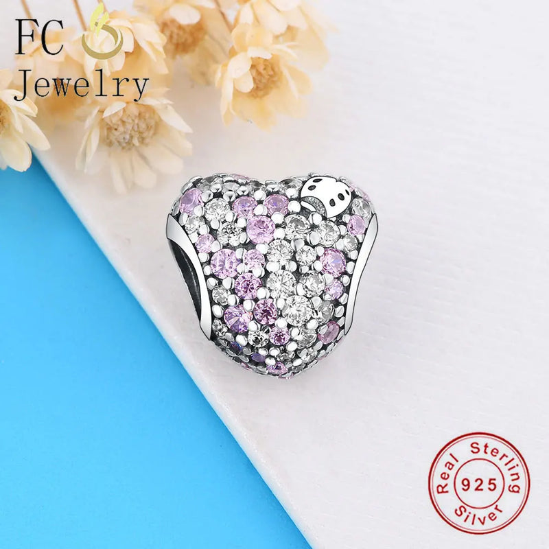 925 Silver Ladybug in Zirconia Heart Bead for Bracelet