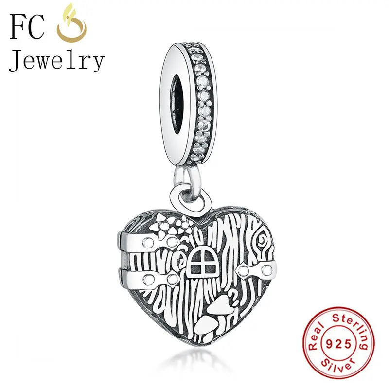 925 Silver Charms Bracelet with Heart House Window Mushroom Bead Berloque