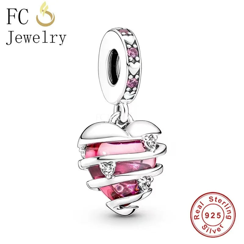 925 Silver Heart Vine Twine Pink Stone Bead Bracelet for Women