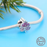 925 Silver Pink Crystal Leaf Charms Bracelet