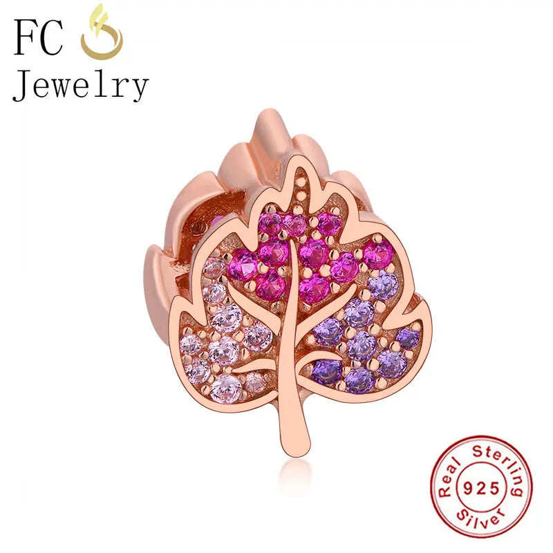 925 Silver Pink Crystal Leaf Charms Bracelet