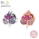925 Silver Pink Crystal Leaf Charms Bracelet