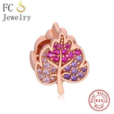 925 Silver Pink Crystal Leaf Charms Bracelet
