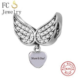 925 Silver Angel Wings Mum & Dad Heart Charm Bracelet Bead