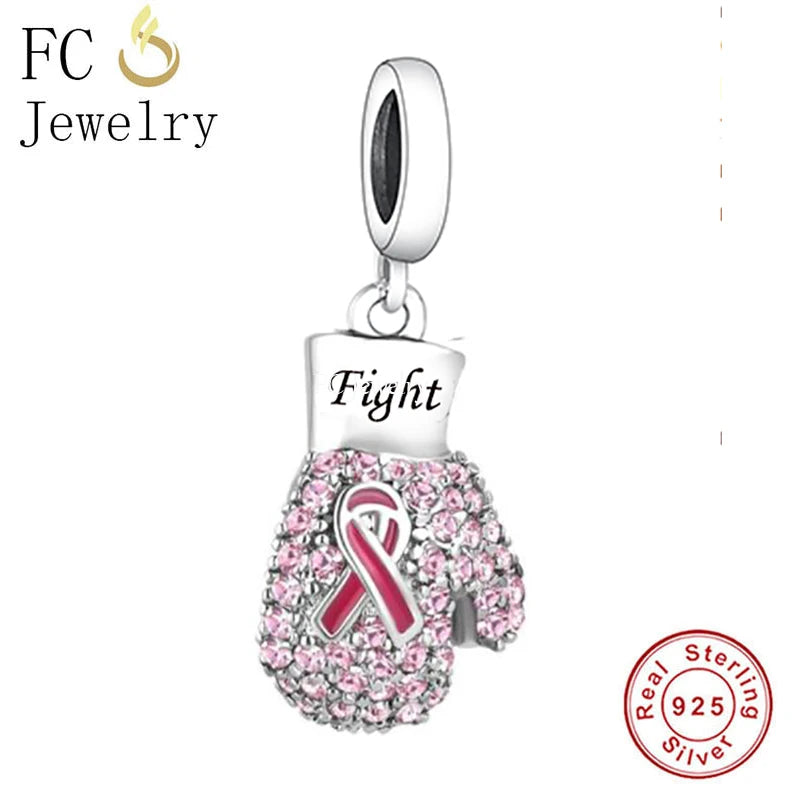 925 Silver Boxing Glove Fight Breast Cancer Awareness Bead for Bracelet