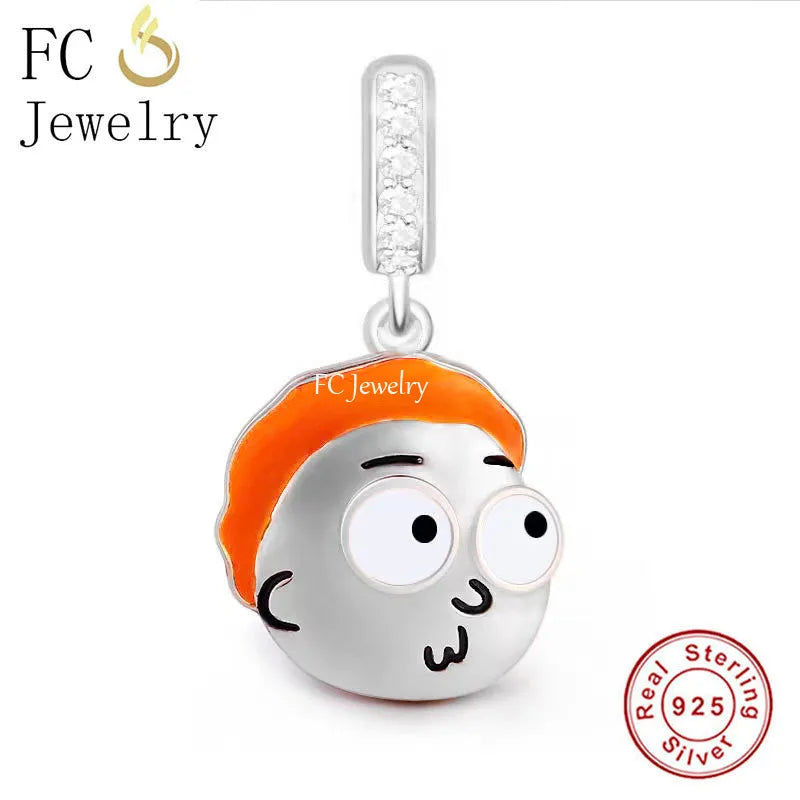 925 Silver Cartoon Brown Enamel Hair Expression Man Bead