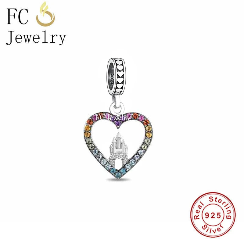 925 Silver Castle Rainbow Zircon Heart Bracelet Charm