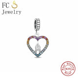 925 Silver Castle Rainbow Zircon Heart Bracelet Charm