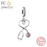 925 Silver Nurse Stethoscope Pink Zircon Bead Bracelet Charms