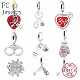 925 Silver Nurse Stethoscope Pink Zircon Bead Bracelet Charms