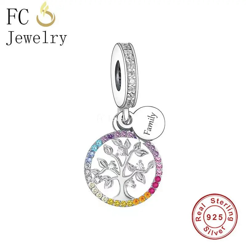 925 Silver Charm Bracelet with Rose Flower Butterfly Family Tree Sister Bead