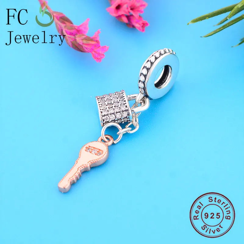 925 Silver Lock Key Charms Bracelet Rose Zirconia Pendant