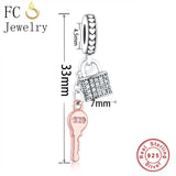 925 Silver Lock Key Charms Bracelet Rose Zirconia Pendant