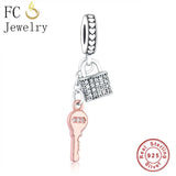 925 Silver Lock Key Charms Bracelet Rose Zirconia Pendant