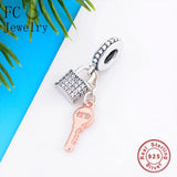 925 Silver Lock Key Charms Bracelet Rose Zirconia Pendant