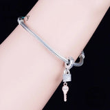 925 Silver Lock Key Charms Bracelet Rose Zirconia Pendant