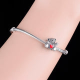 925 Silver Vintage Teddy Bear With Love Heart Bead Bracelet Charm