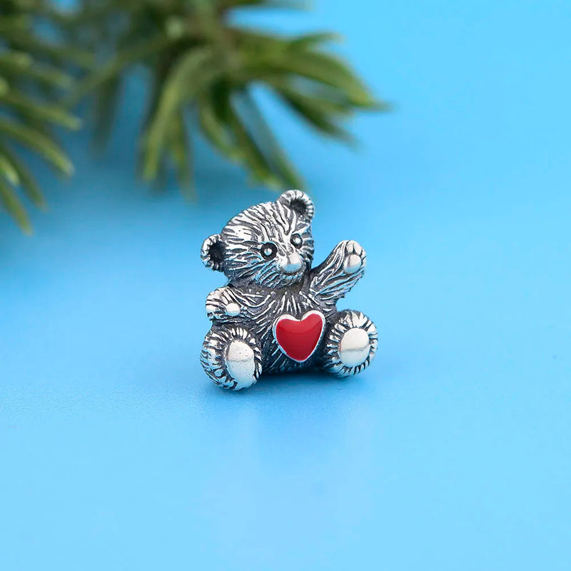 925 Silver Vintage Teddy Bear With Love Heart Bead Bracelet Charm