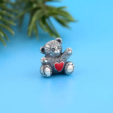 925 Silver Vintage Teddy Bear With Love Heart Bead Bracelet Charm