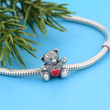 925 Silver Vintage Teddy Bear With Love Heart Bead Bracelet Charm
