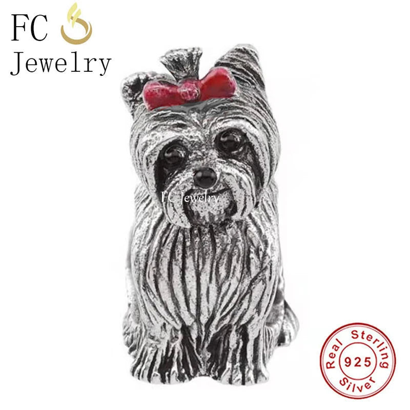 925 Silver Yorkie Dog With Bow On Head Bead For Making Women Berloque