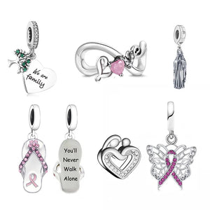 925 Silver Butterfly Pink Ribbon Breast Cancer Charm Bracelet Bead