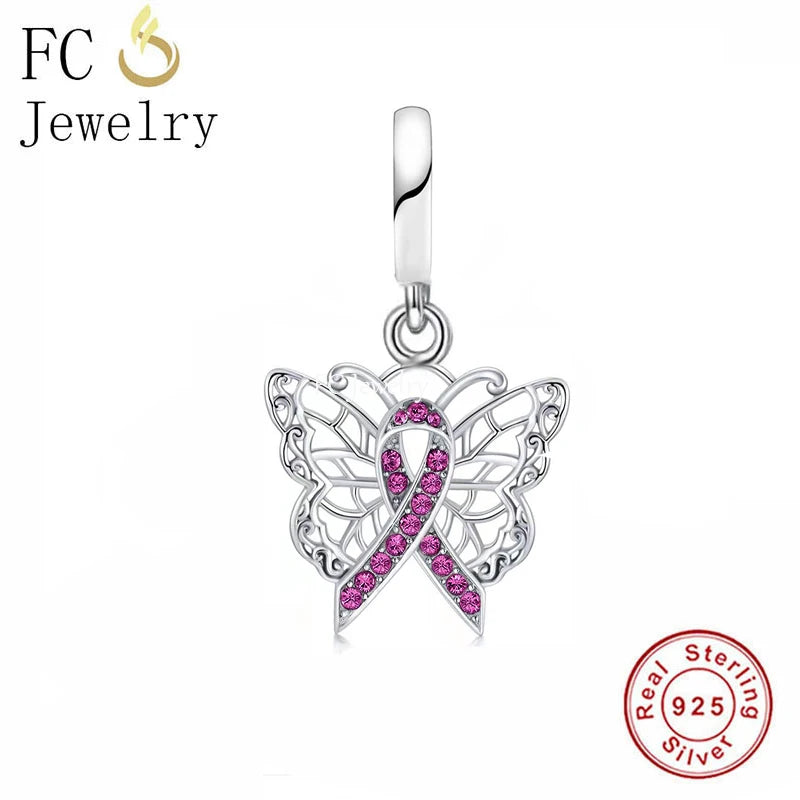 925 Silver Butterfly Pink Ribbon Breast Cancer Charm Bracelet Bead