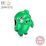 925 Sterling Silver Green Birds Pigs Charms Bracelet