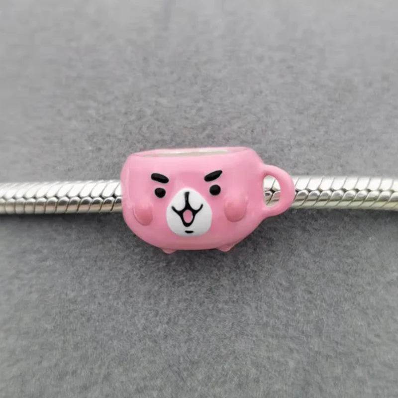 925 Sterling Silver Pink Bear Cup Bead Pan Charms Bracelet