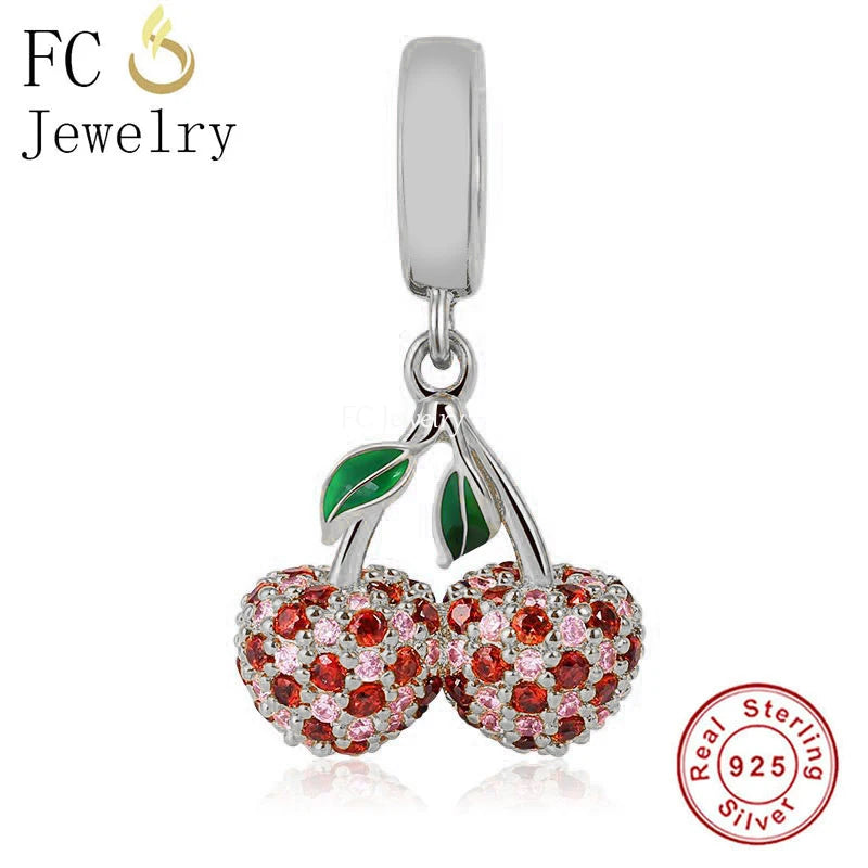 925 Silver Cherry Bead Bracelet Charm with Zircon Fruit Design
