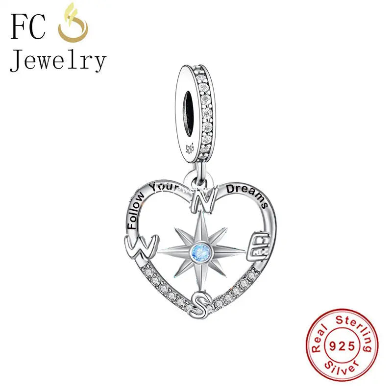 925 Sterling Silver Compass Follow Your Dreams Bead Bracelet Charms DIY