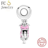 925 Silver Pink Enamel Motorcycle Charm Bracelet Bead