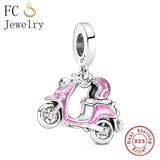 925 Silver Pink Enamel Motorcycle Charm Bracelet Bead