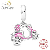925 Silver Pink Enamel Motorcycle Charm Bracelet Bead