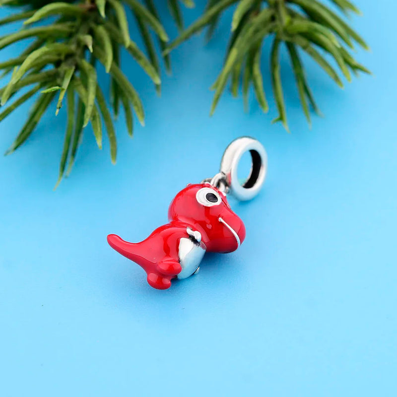 925 Sterling Silver Red Enamel Dinosaur Bead Bracelet Charm