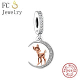 925 Silver Deer Elk Moon Charm Bracelet Bead Women Berloque