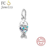925 Silver Fish Charm Bracelet Bead Zircon Eye Women Berloque