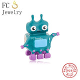 925 Silver Robot Bead Bracelet Charm Green Purple Enamel Berloque