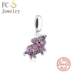 925 Sterling Silver Pink Zircon Pig Charm Bracelet Bead