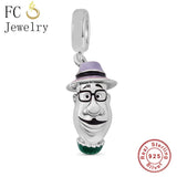925 Sterling Silver Man With Purple Enamel Hat Bead Bracelet Charm