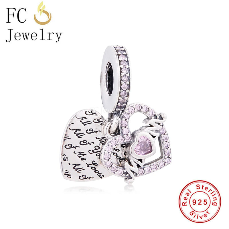 925 Silver Mom All of You In Heart Pink Zircon Bead for Bracelet