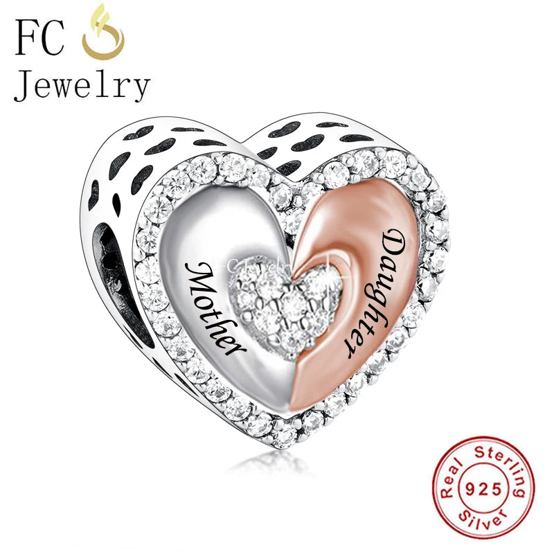 925 Sterling Silver Mother Daughter Hands Heart Bead For Women Berloque
